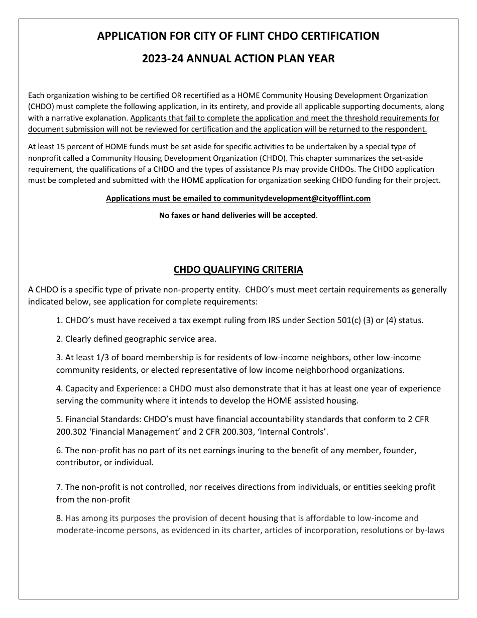 Application for Community Housing Development Organization Certification - City of Flint, Michigan, Page 1