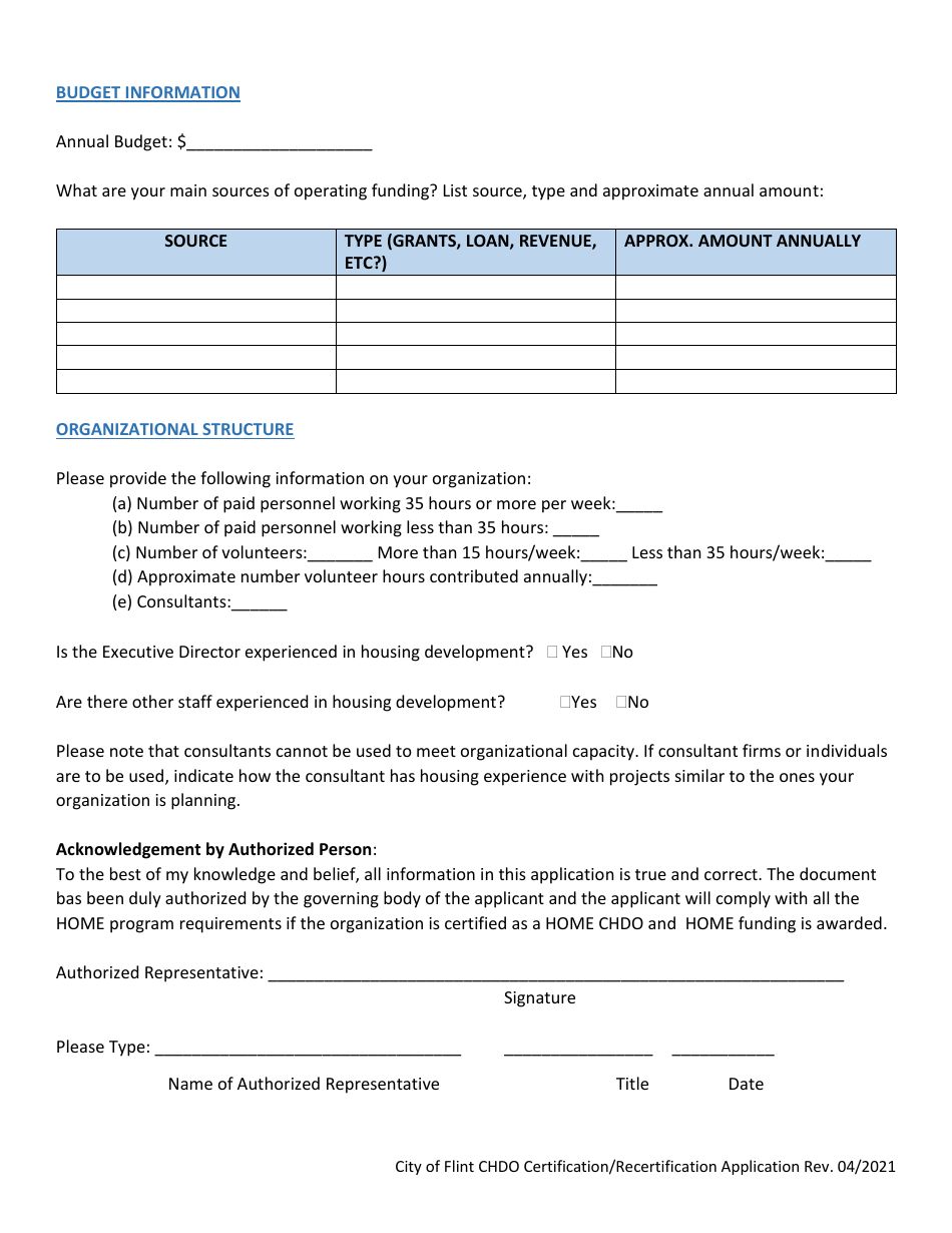Application for Community Housing Development Organization Certification - City of Flint, Michigan, Page 4
