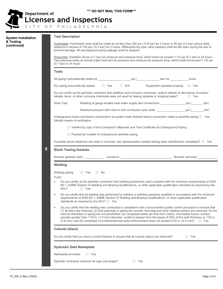 Form TP_005_F Contractors Material and Test Certificate for Aboveground Piping - City of Philadelphia, Pennsylvania, Page 3