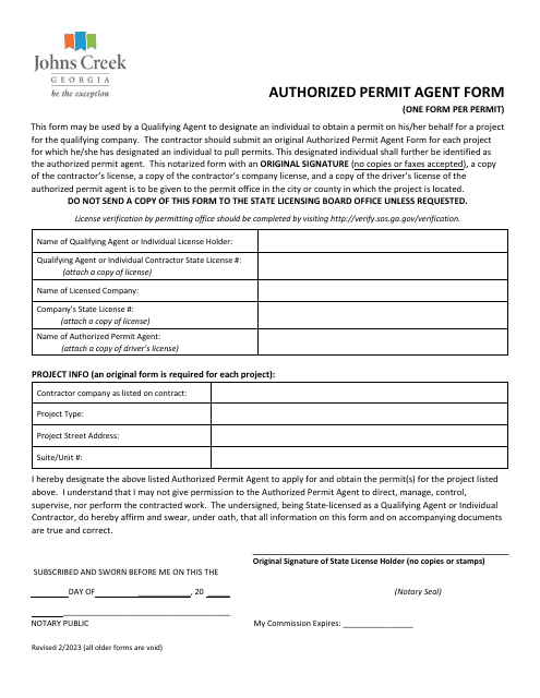 Authorized Permit Agent Form - City of Johns Creek, Georgia (United States) Download Pdf