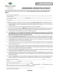Document preview: Homeowner-Contractor Affidavit - City of Johns Creek, Georgia (United States)