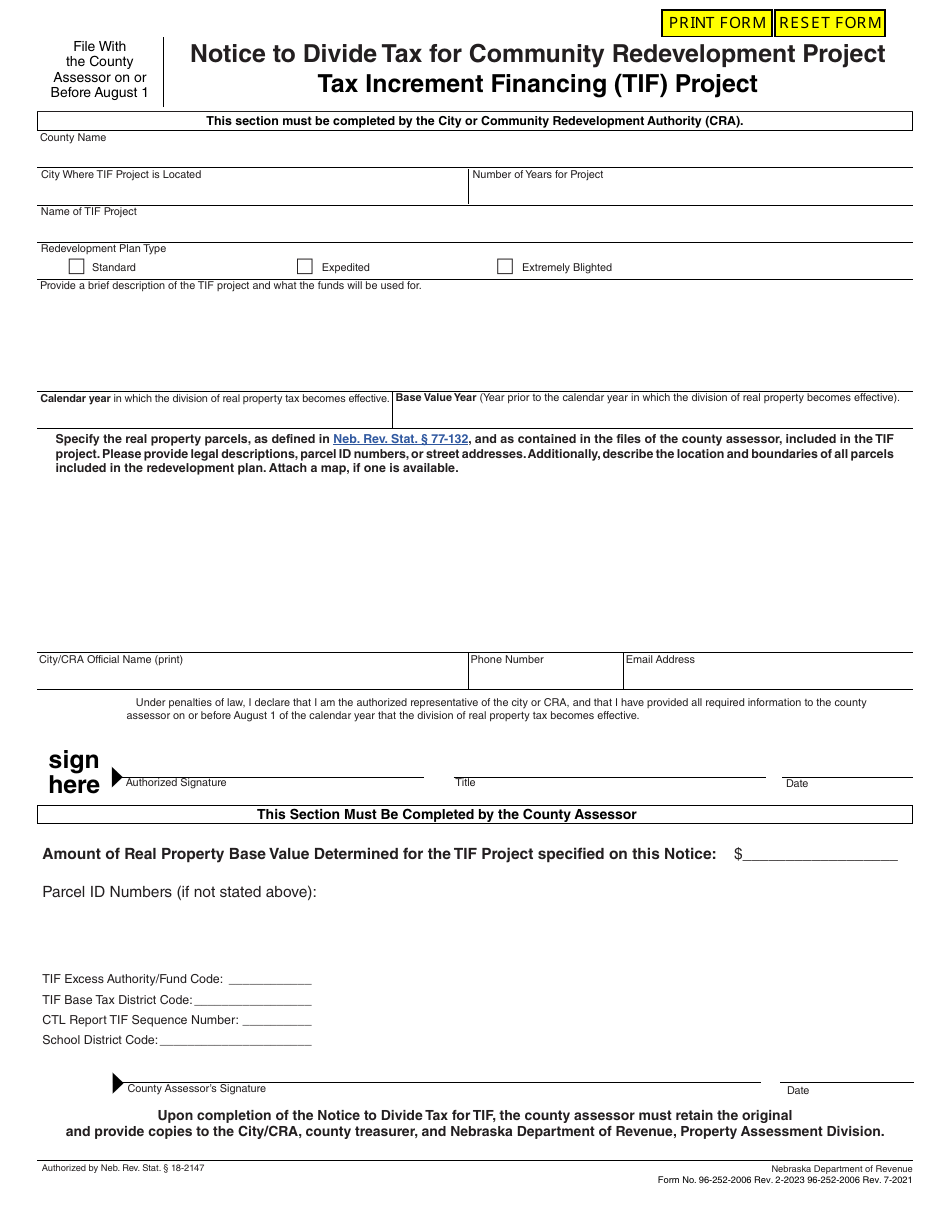 Notice to Divide Tax for Community Redevelopment Project Tax Increment Financing (Tif) Project - Nebraska, Page 1