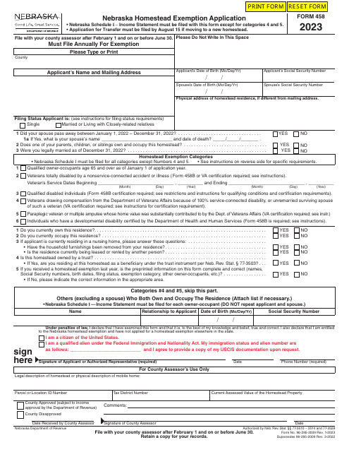 Form 458 Nebraska Homestead Exemption Application - Nebraska, 2023