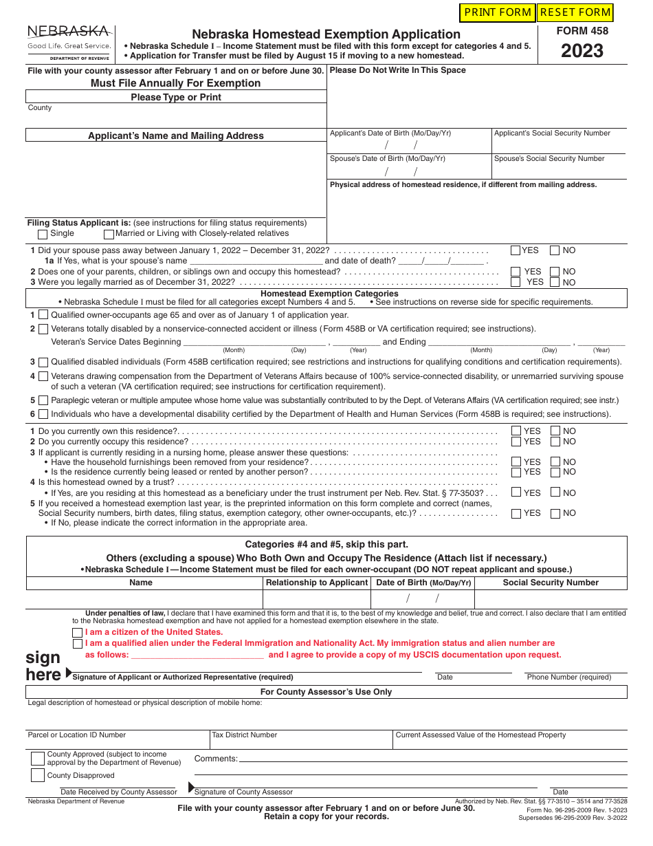 Form 458 Nebraska Homestead Exemption Application - Nebraska, Page 1