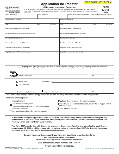 Form 458t Download Fillable Pdf Or Fill Online Application For Transfer Of Nebraska Homestead 9210