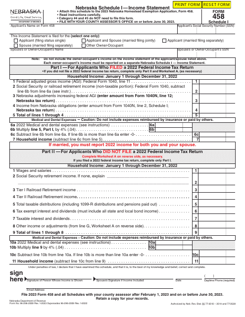 Form 458 Schedule I Income Statement - Nebraska