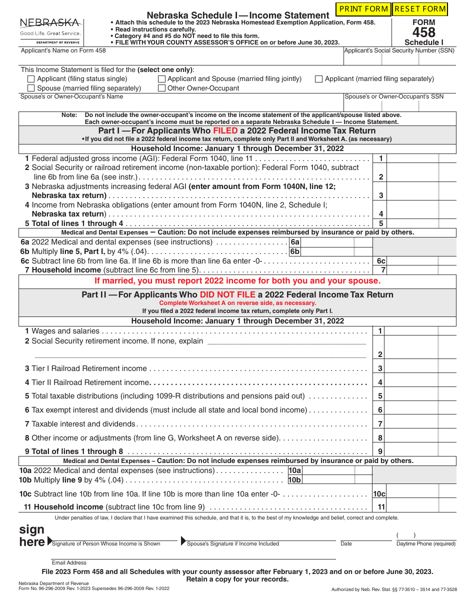 Form 458 Schedule I Download Fillable PDF or Fill Online