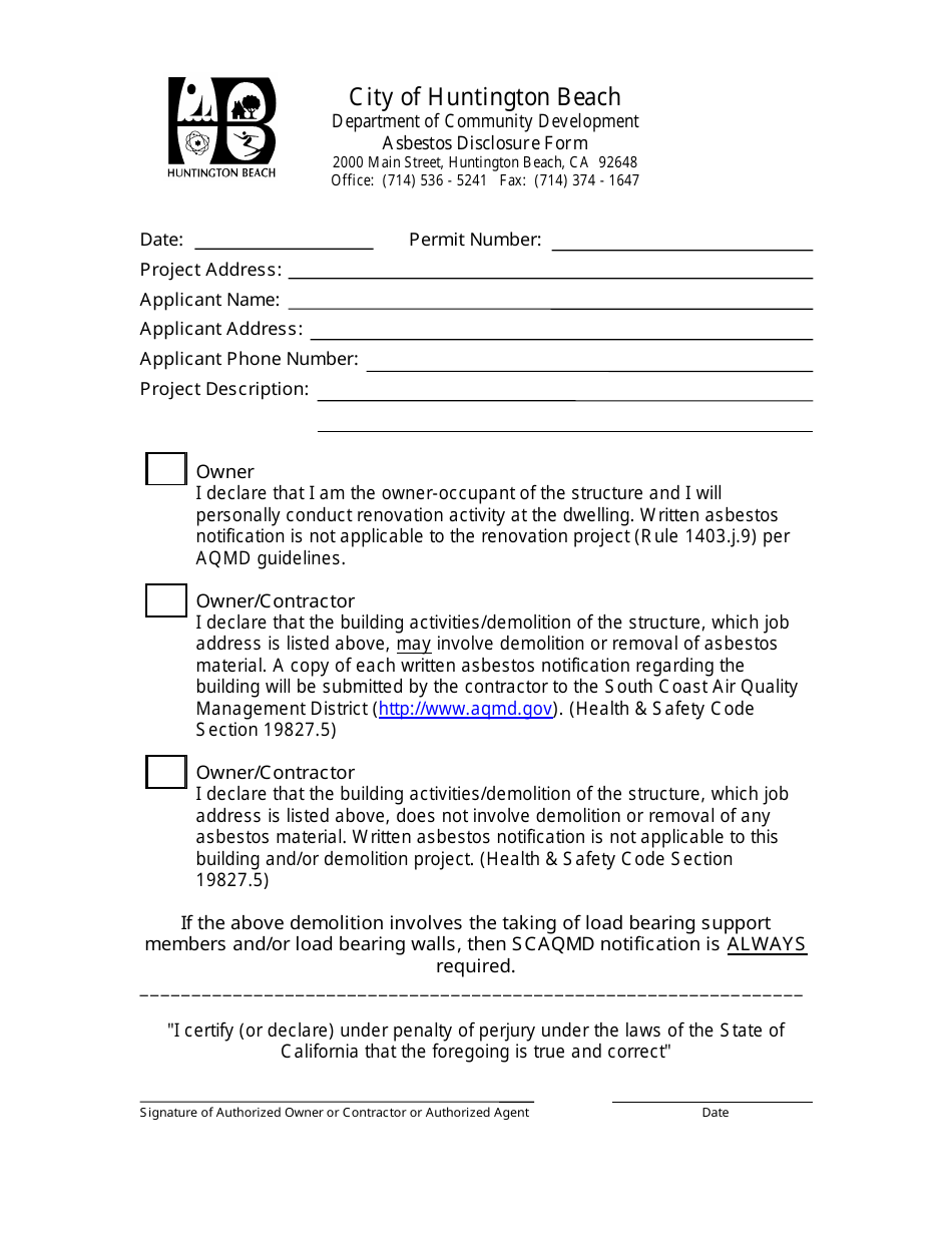 Asbestos Disclosure Form - City of Huntington Beach, California, Page 1