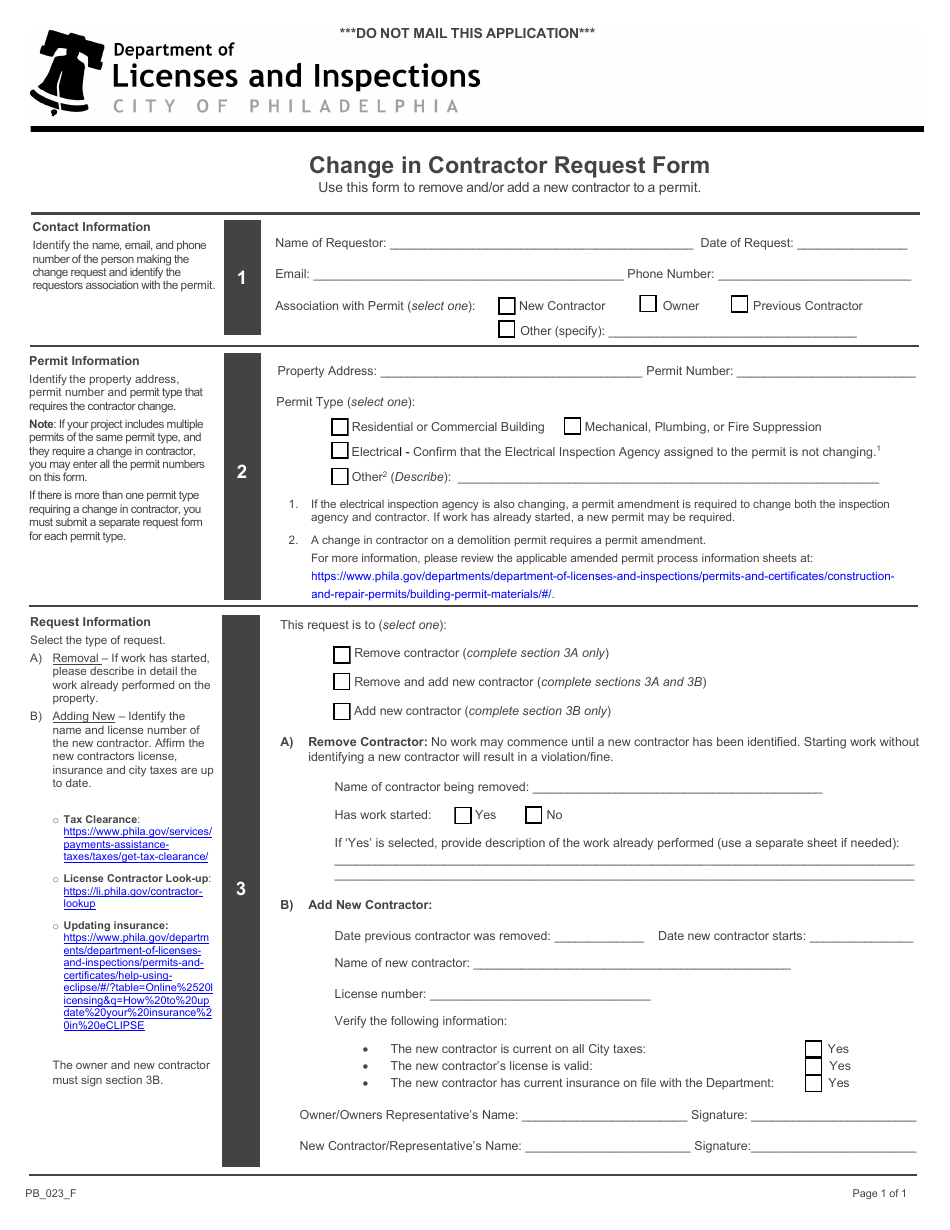 Form PB_023_F Change in Contractor Request Form - City of Philadelphia, Pennsylvania, Page 1