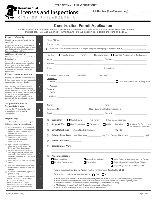 Form P_001_F Construction Permit Application - City of Philadelphia, Pennsylvania
