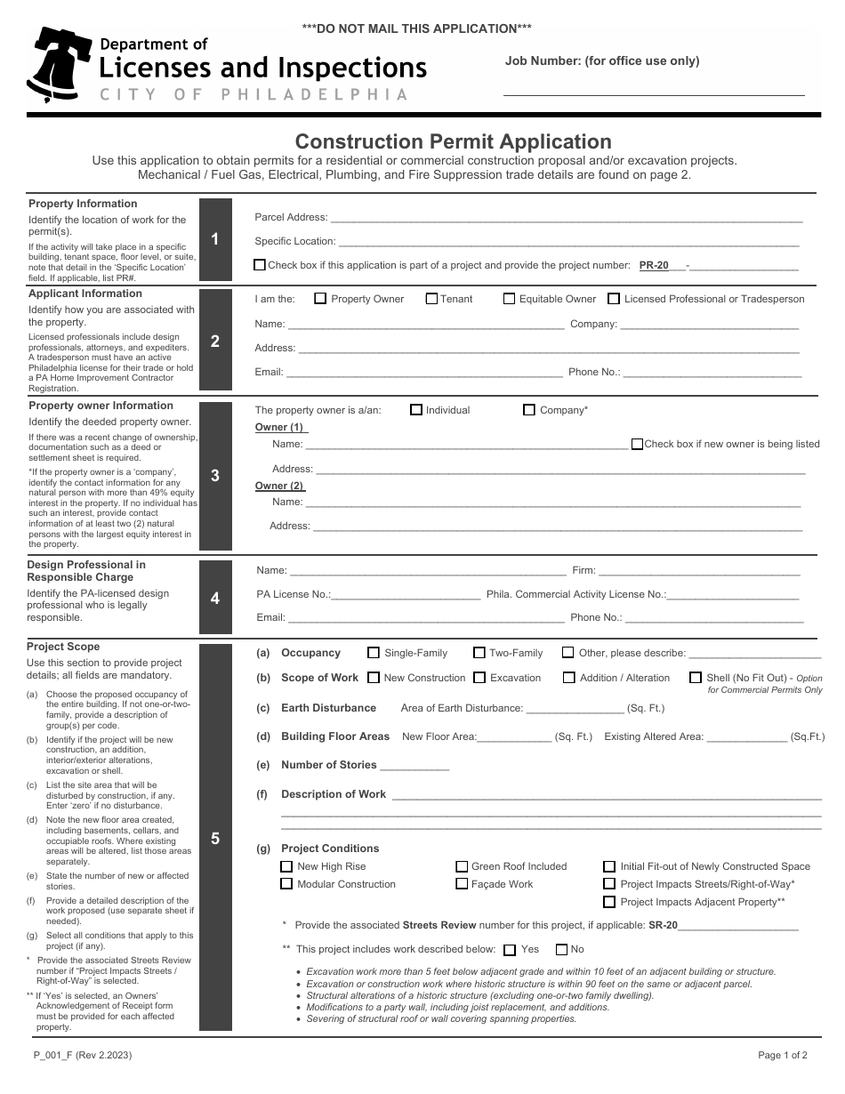 Form P_001_F Construction Permit Application - City of Philadelphia, Pennsylvania, Page 1