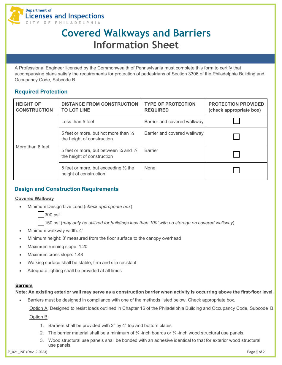 Form P_021_INF Covered Walkways and Barriers Information Sheet - City of Philadelphia, Pennsylvania, Page 1