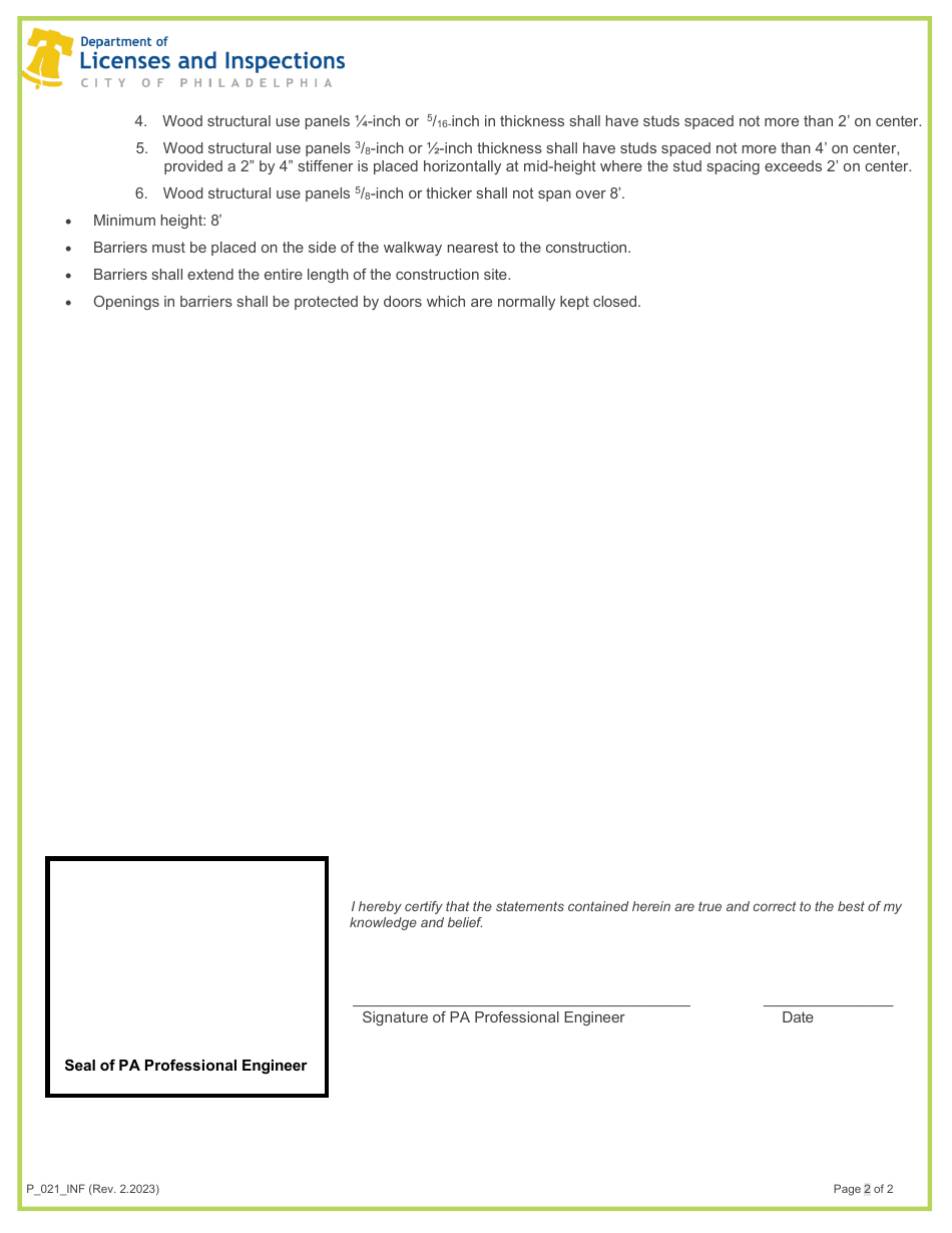 Form P_021_INF Covered Walkways and Barriers Information Sheet - City of Philadelphia, Pennsylvania, Page 2