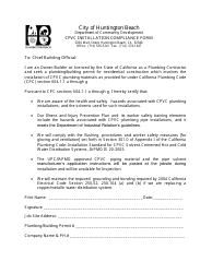 Document preview: Cpvc Installation Compliance Form - City of Huntington Beach, California