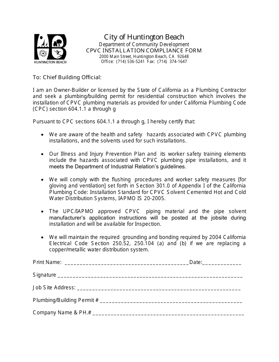 Cpvc Installation Compliance Form - City of Huntington Beach, California, Page 1