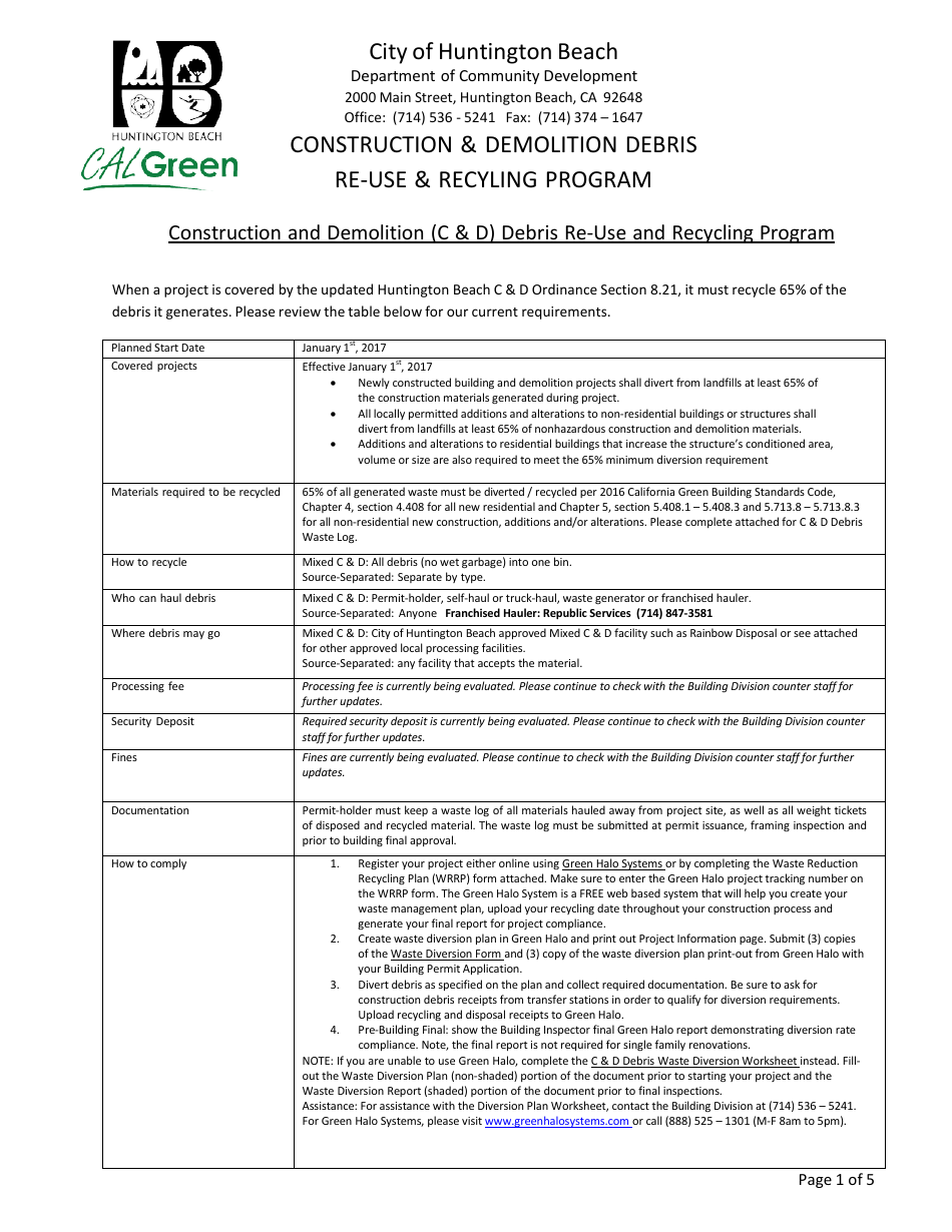 Construction  Demolition Debris Application and Worksheet - City of Huntington Beach, California, Page 1