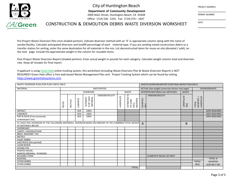 Construction  Demolition Debris Application and Worksheet - City of Huntington Beach, California, Page 3