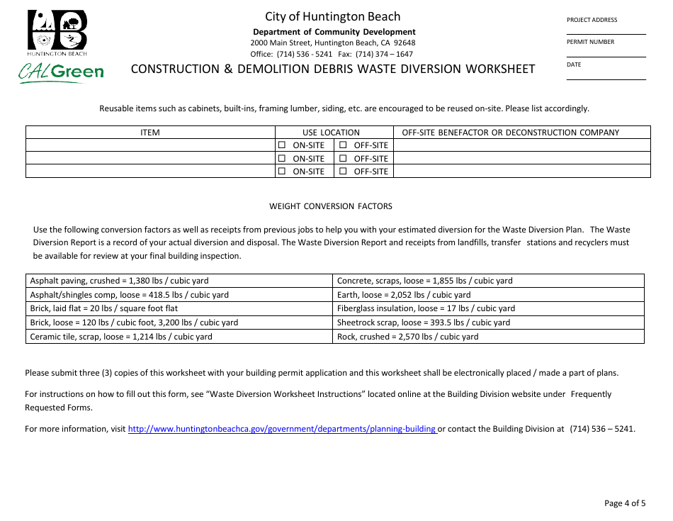 Construction  Demolition Debris Application and Worksheet - City of Huntington Beach, California, Page 4