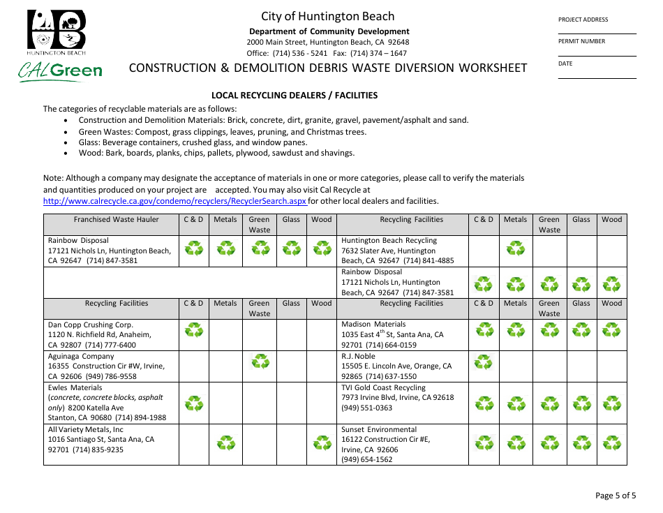 Construction  Demolition Debris Application and Worksheet - City of Huntington Beach, California, Page 5