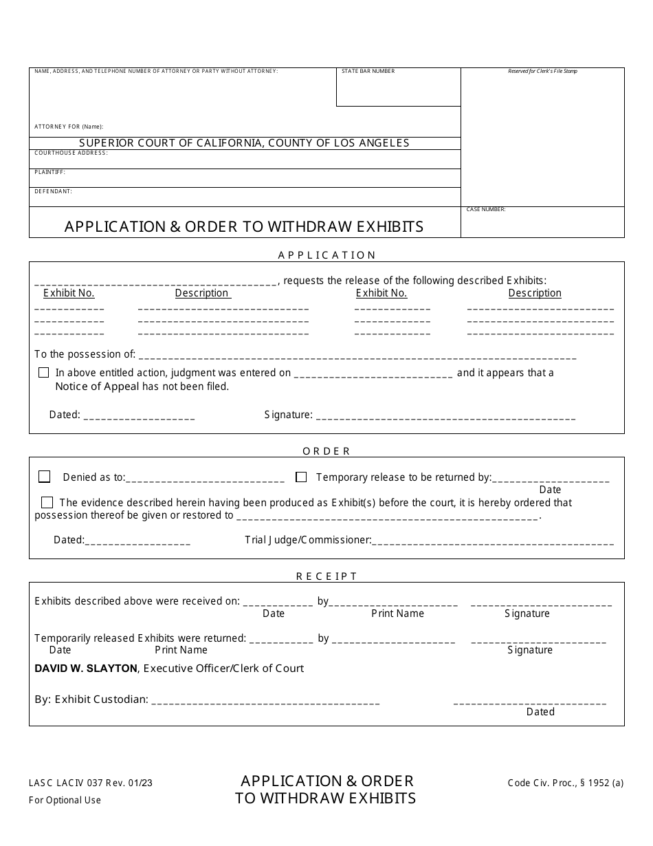 Form LACIV037 Application  Order to Withdraw Exhibits - County of Los Angeles, California, Page 1