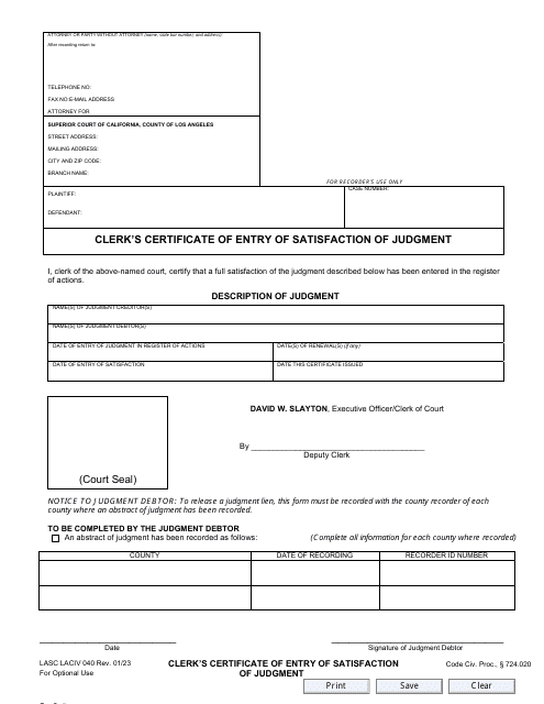 Form LACIV040 Clerk's Certificate of Entry of Satisfaction of Judgment - County of Los Angeles, California