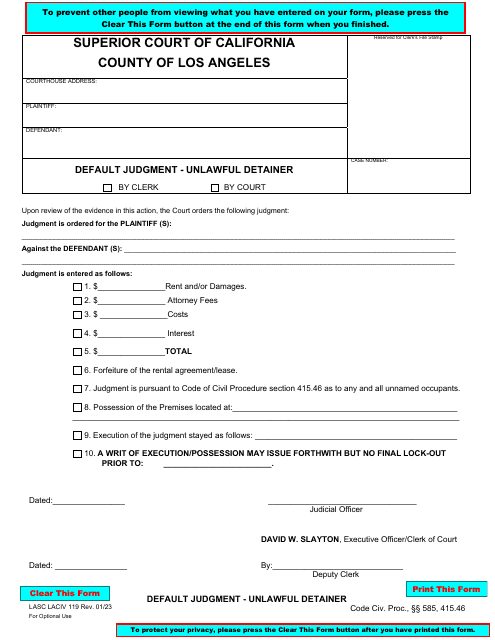 Form LACIV119  Printable Pdf