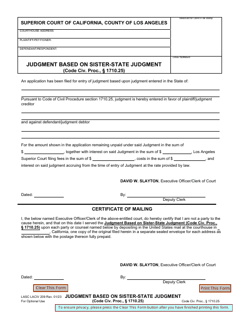 Form LACIV209 Judgment Based on Sister-State Judgment - County of Los Angeles, California