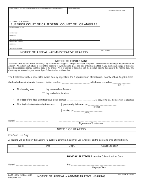 Form LACIV232 Notice of Appeal - Administrative Hearing - County of Los Angeles, California