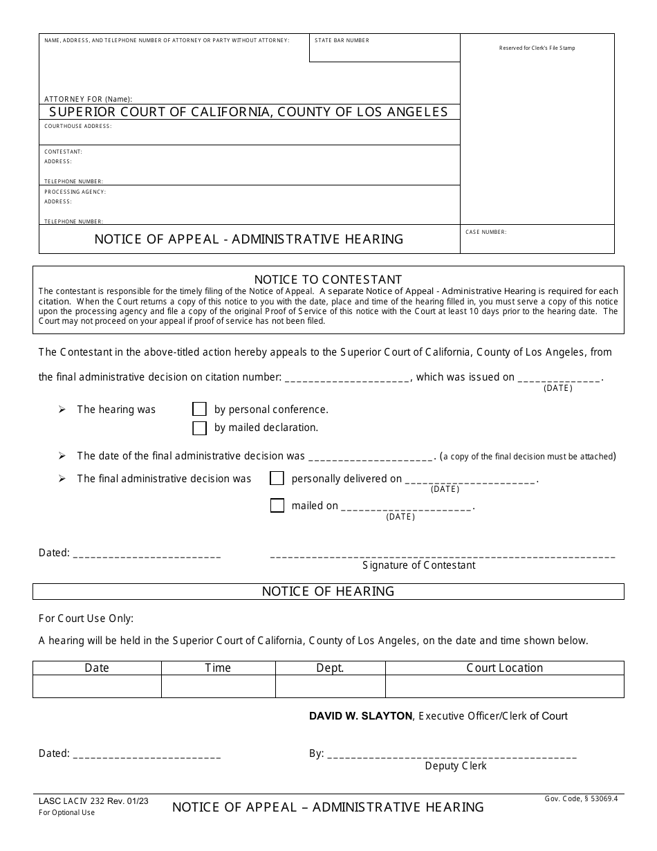 Form LACIV232 Notice of Appeal - Administrative Hearing - County of Los Angeles, California, Page 1