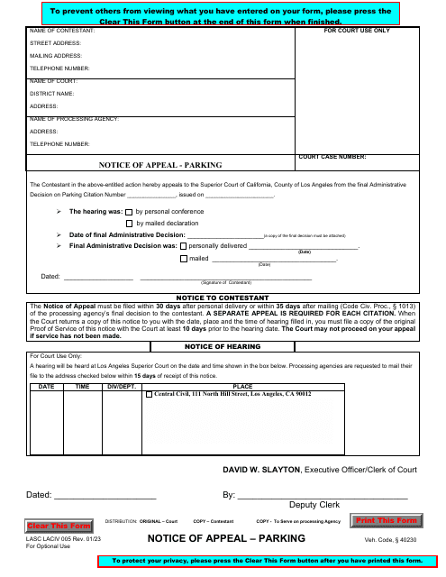 Form LACIV005  Printable Pdf