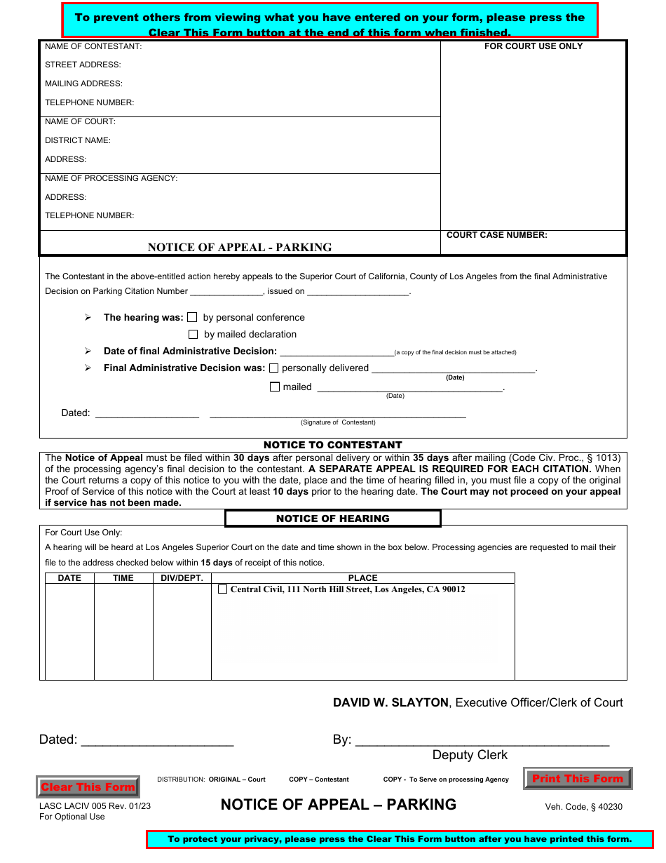 Form LACIV005 Notice of Appeal - Parking - County of Los Angeles, California, Page 1