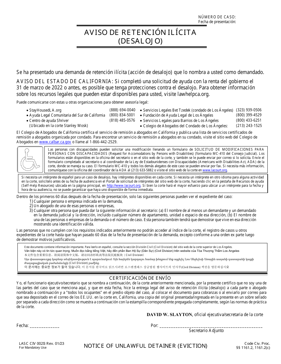 Formulario LACIV002S Aviso De Retencion Ilicita (Desalojo) - County of Los Angeles, California (Spanish), Page 1