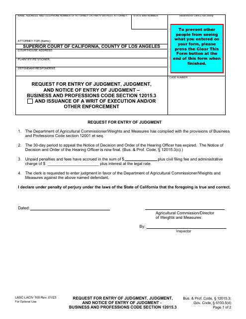 Form LACIV100 Request for Entry of Judgment, Judgment, and Notice of Entry of Judgment - Business and Professions Code Section 12015.3 - County of Los Angeles, California