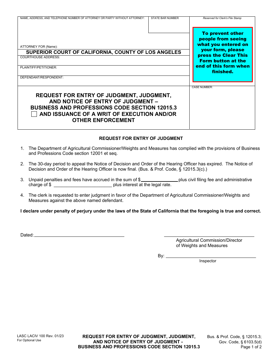 Form LACIV100 Request for Entry of Judgment, Judgment, and Notice of Entry of Judgment - Business and Professions Code Section 12015.3 - County of Los Angeles, California, Page 1