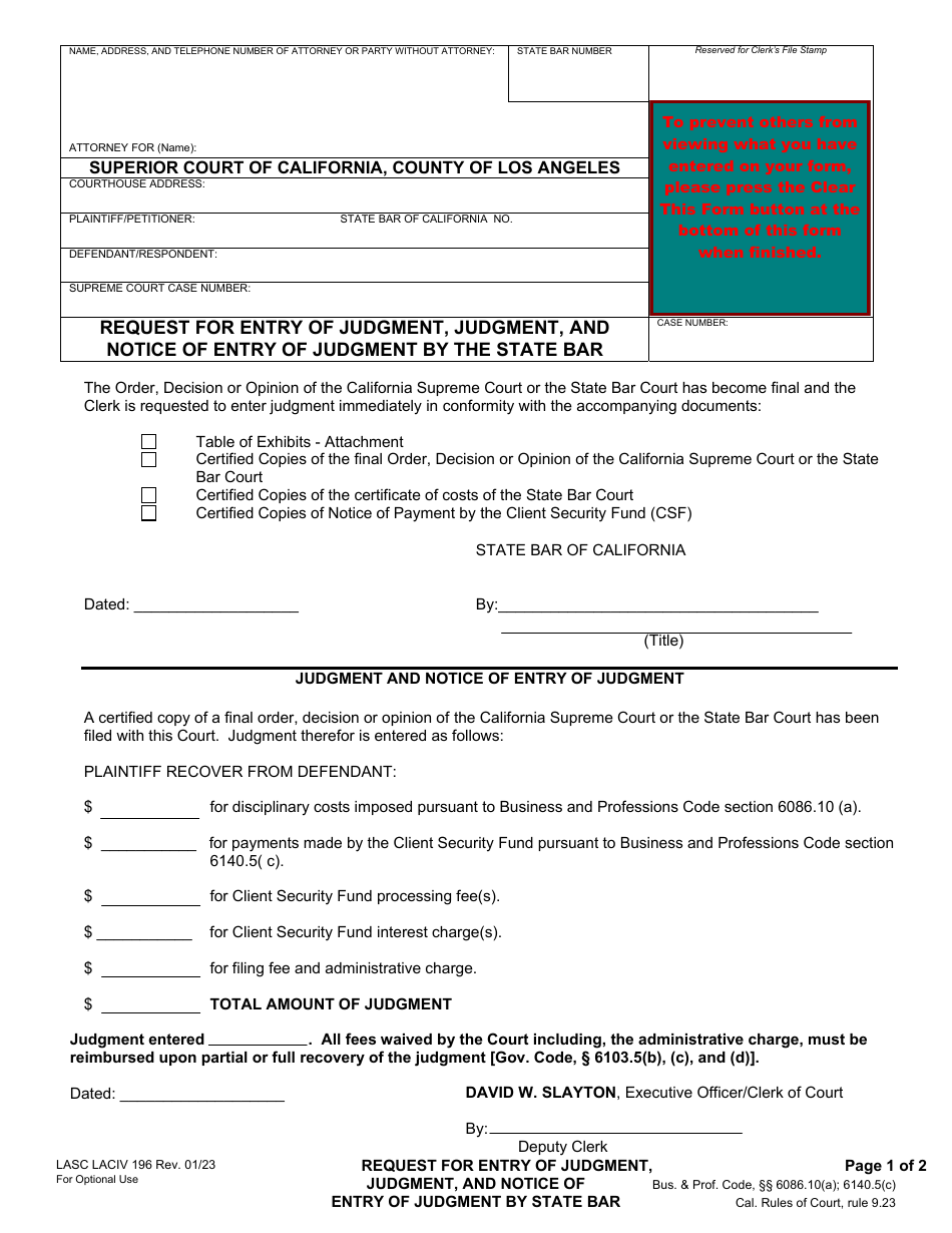Form LACIV196 Request for Entry of Judgment, Judgment, and Notice of Entry of Judgment by the State Bar - County of Los Angeles, California, Page 1