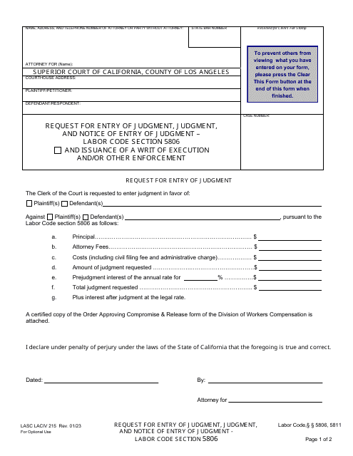 Form LACIV215  Printable Pdf