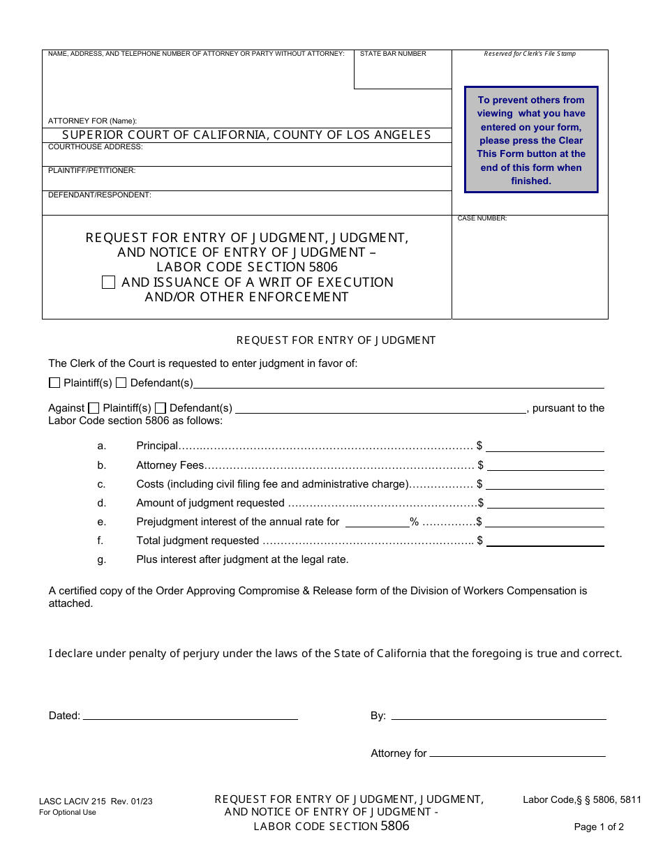 Form LACIV215 Request for Entry of Judgment, Judgment, and Notice of Entry of Judgment - Labor Code Section 5806 - County of Los Angeles, California, Page 1