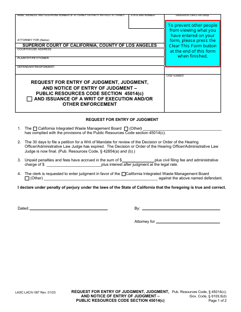Form LACIV087 Request for Entry of Judgment, Judgment, and Notice of Entry of Judgment - Public Resources Code Section 45014(C) - County of Los Angeles, California
