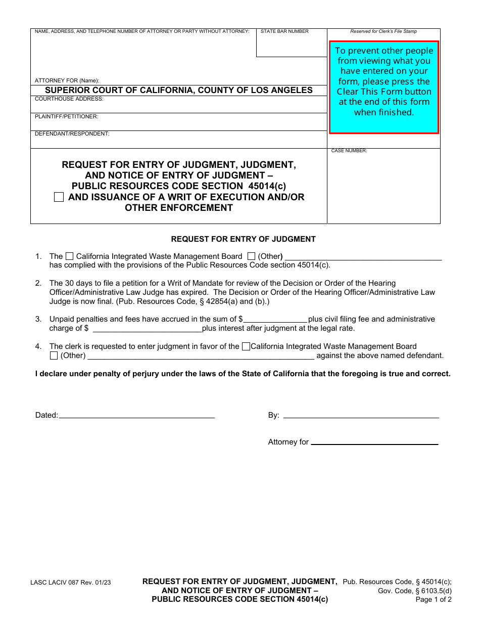 Form LACIV087 Request for Entry of Judgment, Judgment, and Notice of Entry of Judgment - Public Resources Code Section 45014(C) - County of Los Angeles, California, Page 1