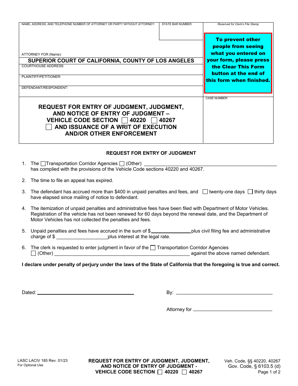 Form LACIV185 Request for Entry of Judgment, Judgment, and Notice of Entry of Judgment - Vehicle Code Section 40220 40267 - County of Los Angeles, California, Page 1