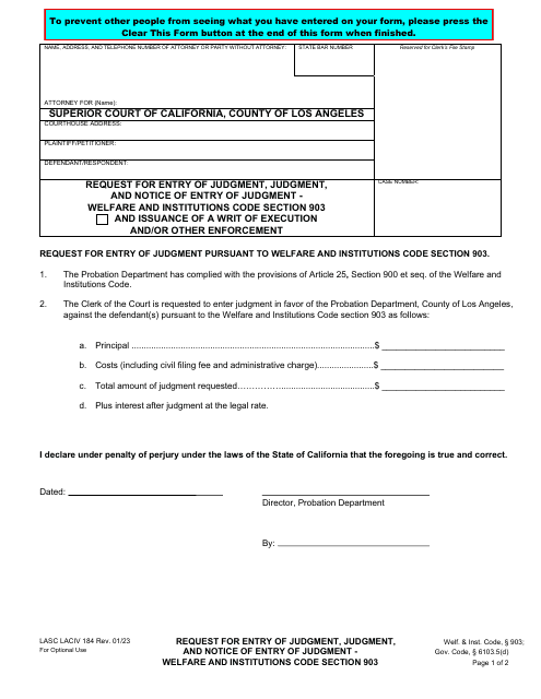 Form LACIV184 Request for Entry of Judgment, Judgment, and Notice of Entry of Judgment - Welfare and Institutions Code Section 903 - County of Los Angeles, California