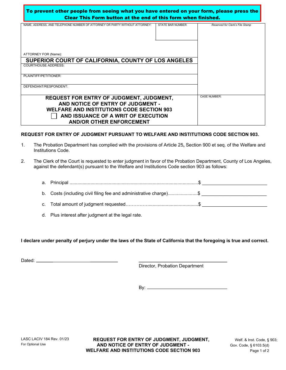Form LACIV184 Request for Entry of Judgment, Judgment, and Notice of Entry of Judgment - Welfare and Institutions Code Section 903 - County of Los Angeles, California, Page 1