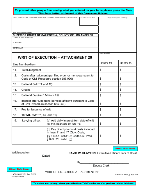 Form LACIV101 Attachment 20  Printable Pdf