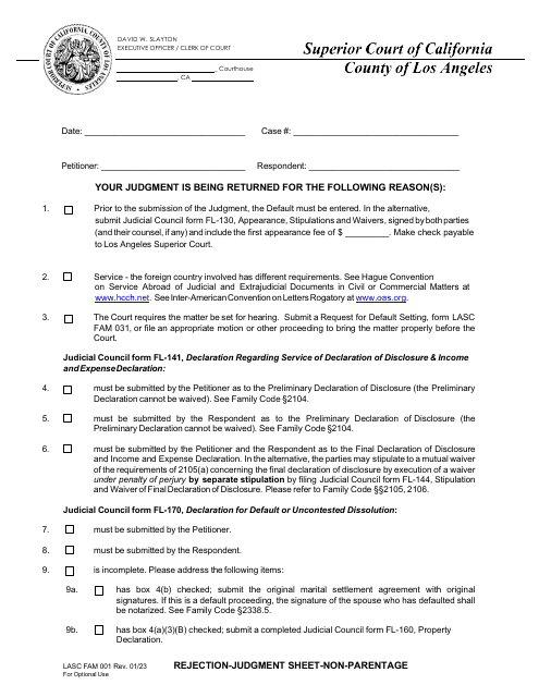 Form FAM001 Judgment Reject Sheet - County of Los Angeles, California
