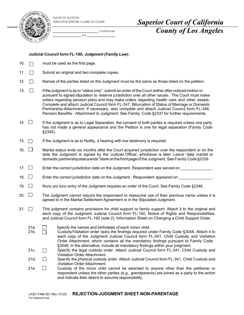 Form Fam001 Download Fillable Pdf Or Fill Online Judgment Reject Sheet