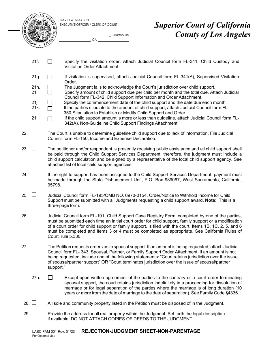 Form FAM001 Judgment Reject Sheet - County of Los Angeles, California, Page 3