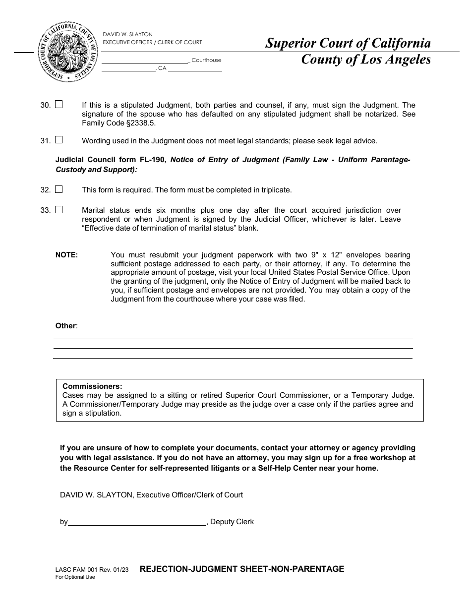 Form FAM001 Judgment Reject Sheet - County of Los Angeles, California, Page 4