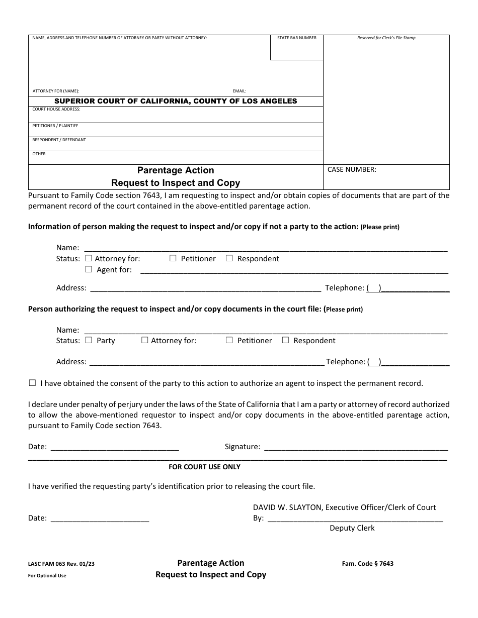 Form FAM063 Parentage Action Request to Inspect and Copy - County of Los Angeles, California, Page 1