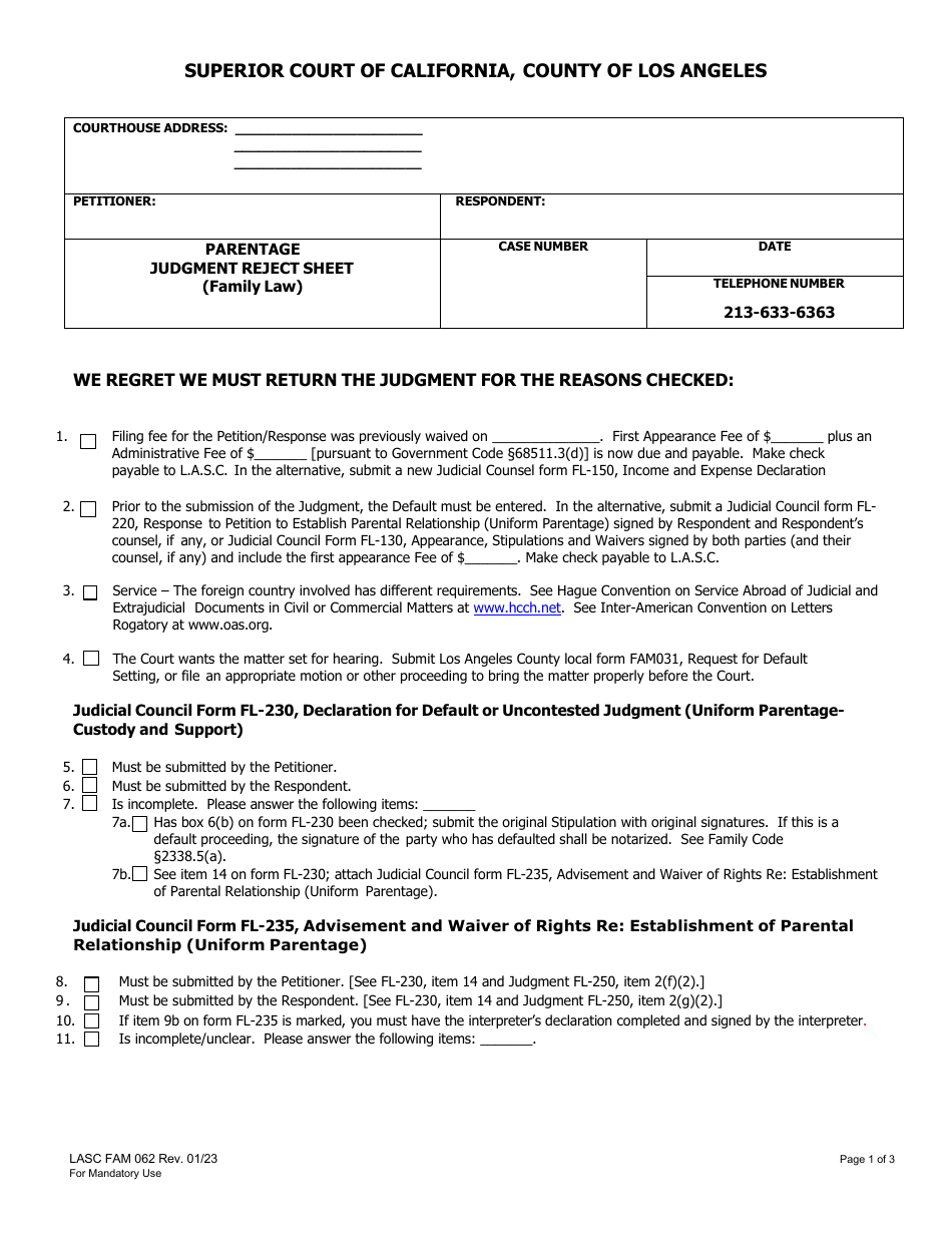 Form FAM062 Parentage Judgment Reject Sheet - County of Los Angeles, California, Page 1