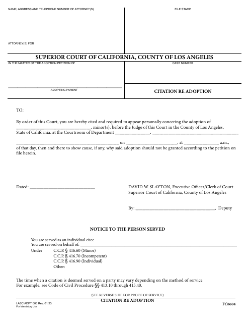 Form ADPT006 Citation Re: Adoption - County of Los Angeles, California